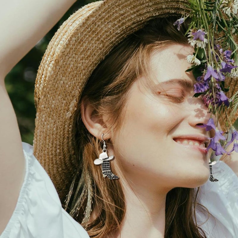 RechicGu Rhinestone Western Boots Earrings Cowgirl Cowboy Enamel Hat Bohemian Rodeo Boot Drop Dangle Earrings for Women - Image 4
